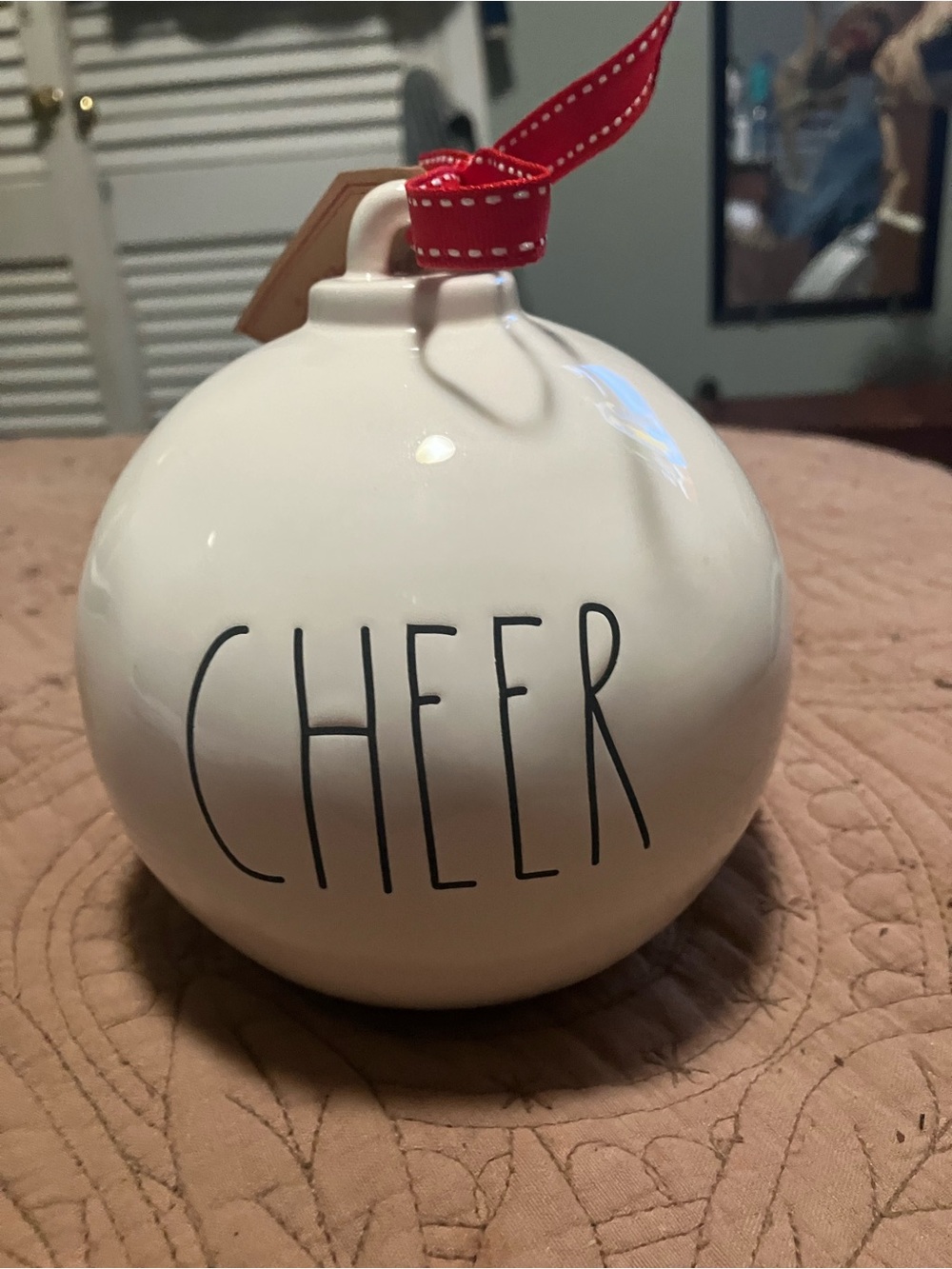 Rae Dunn White Ceramic 'CHEER' Ornament with Red Ribbon